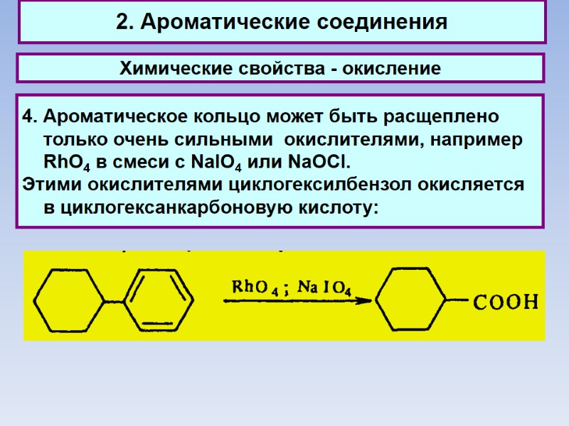 2. Ароматические соединения Химические свойства - окисление 4. Ароматическое кольцо может быть расщеплено только